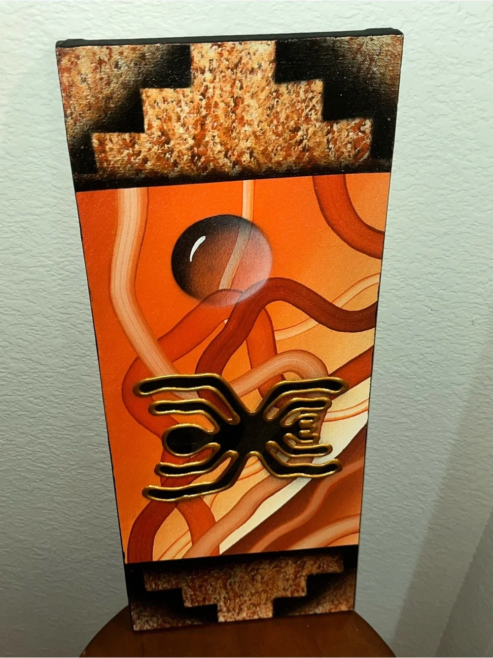 Original Peruvian Triptych Artist Signed Orange/Black/Gold Paint on Canvas 7x21
